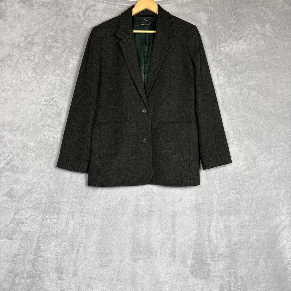 Icone Par Simons Women Olive Green Herringbone Recycled Wool Blend Blazer Size M